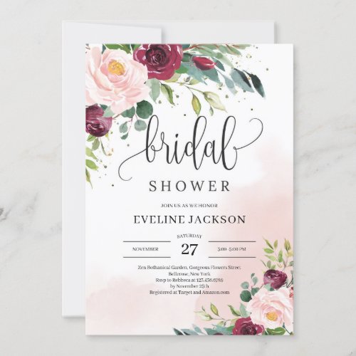 Boho blush pink burgundy floral gold bridal shower invitation