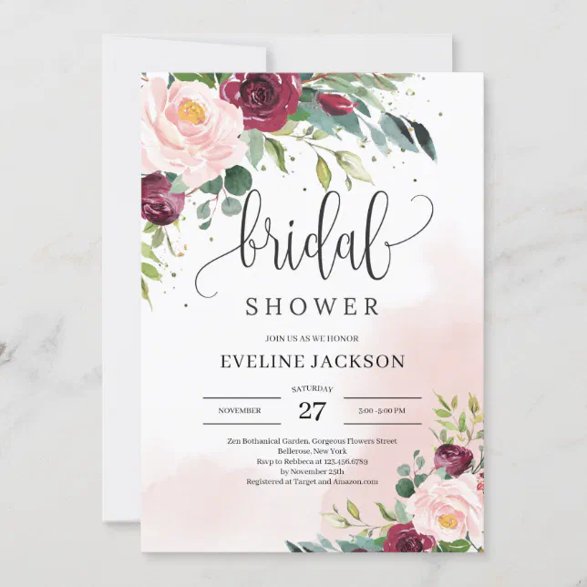 Boho Blush Pink Burgundy Floral Gold Bridal Shower Invitation Zazzle