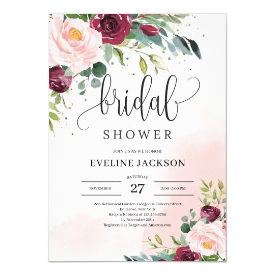 Boho blush pink burgundy floral gold bridal shower invitation