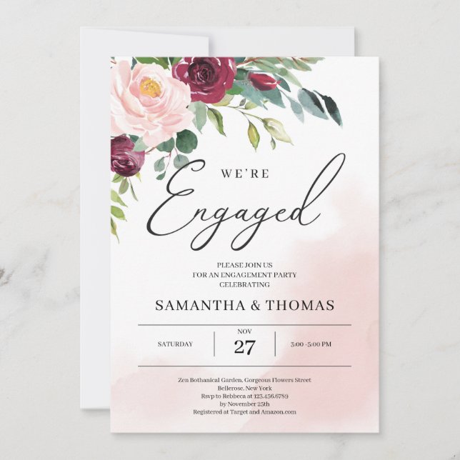 Boho blush pink burgundy floral greenery engage invitation (Front)