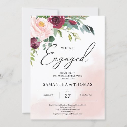 Boho blush pink burgundy floral greenery engage invitation