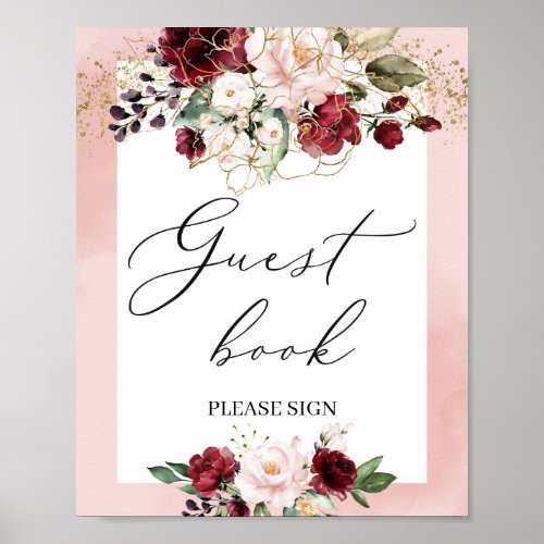 Boho blush pink burgundy floral merlot guest book