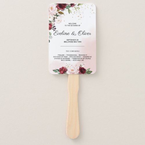 Boho blush pink burgundy floral modern wedding hand fan