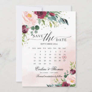 Boho blush pink burgundy floral month calendar save the date