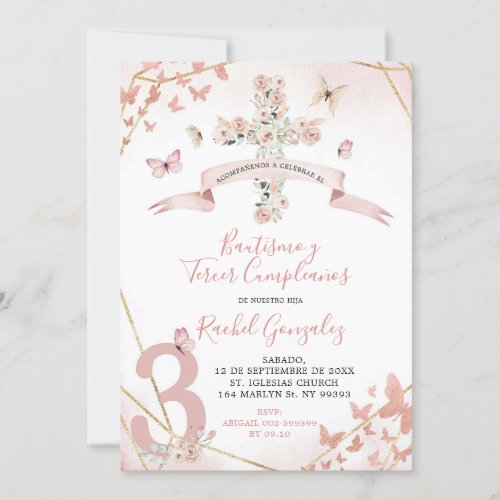 Boho Blush Pink Butterfly Baptism  3rd Birthday Invitation