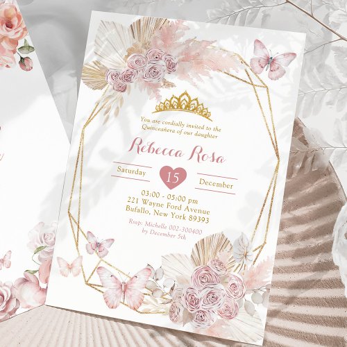 Boho Blush Pink Butterfly Geoemtric Quinceaera Invitation
