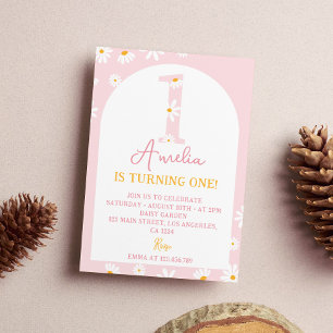 Boho Blush Pink Daisy 1st Birthday Invitation
