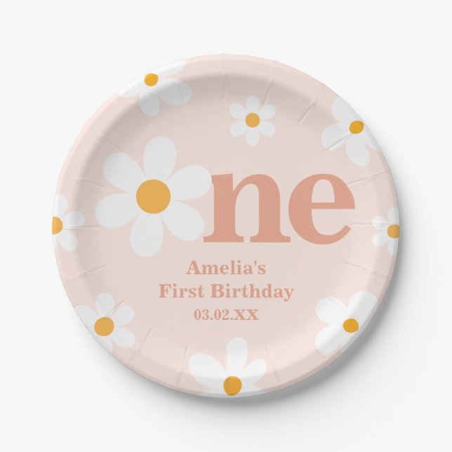 Boho Blush Pink Daisy 1st Birthday  Paper Plates (Front)