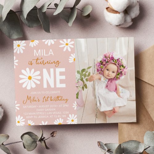 Boho Blush Pink Daisy Birthday Invitation