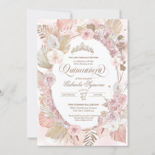 Boho Blush Pink & Dried Floral Roses Quinceanera Invitation