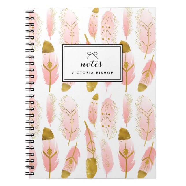 Boho Blush Pink Feathers Gold Foil Personalized Notebook (Front)
