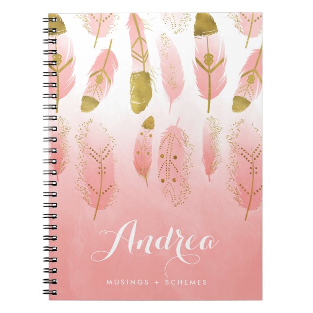 Boho Blush Pink Feathers Ombre Personalized Notebook (Front)