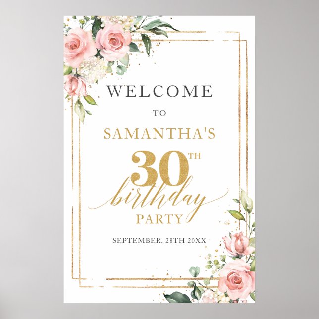 Boho blush pink floral 30th birthday welcome poster (Front)