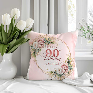 Boho Blush Pink Floral 90th Birthday Pillow