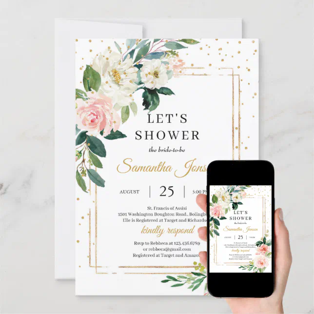 Boho Blush Pink Floral And Gold Geometric Bridal Invitation Zazzle