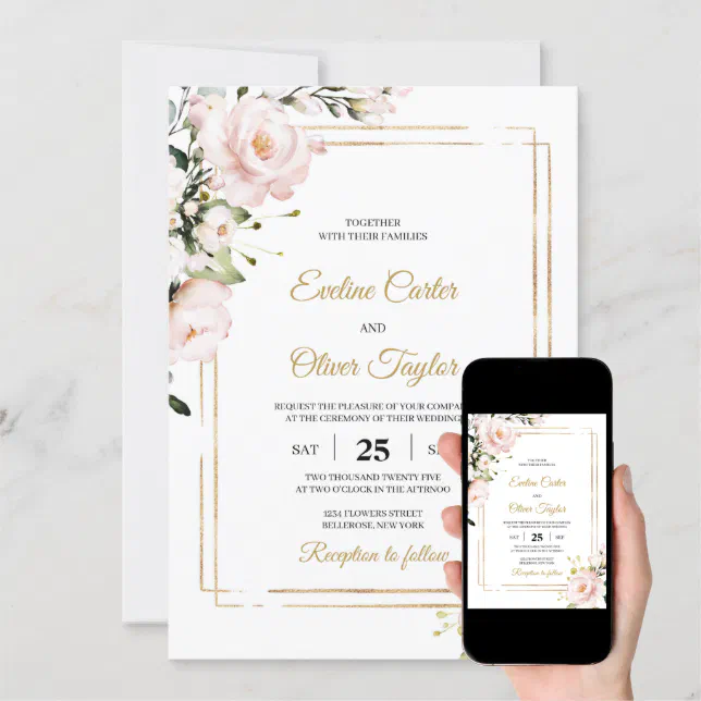 Boho Blush Pink Floral And Gold Glitter Elegant Invitation Zazzle