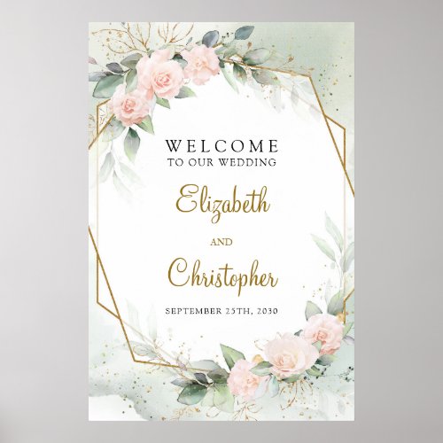 Boho Blush Pink Floral and Gold Welcome Sign