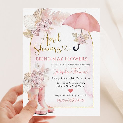 Boho Blush Pink Floral April Showers Baby Shower Invitation