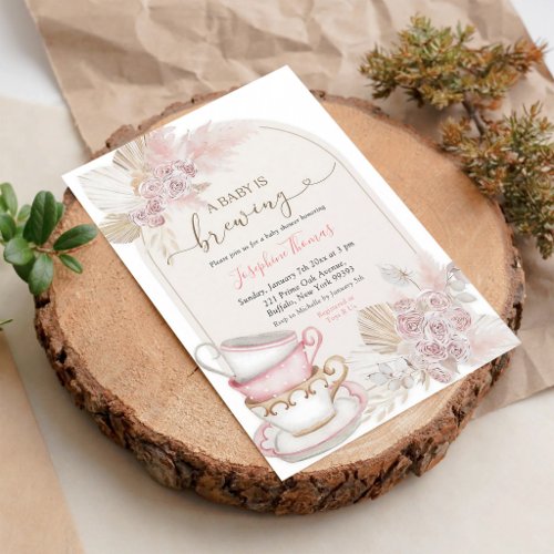 Boho Blush Pink Floral Baby Brewing Tea Invitation