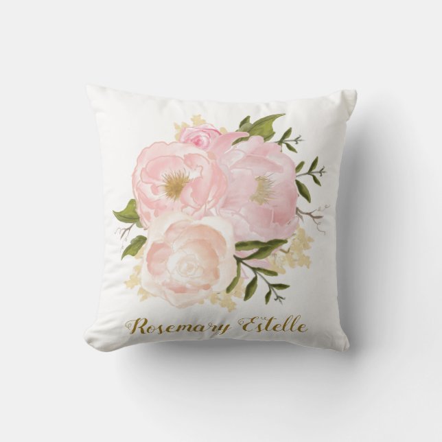 Boho Blush Pink Floral Baby Girl Nursery Decor Throw Pillow (Front)