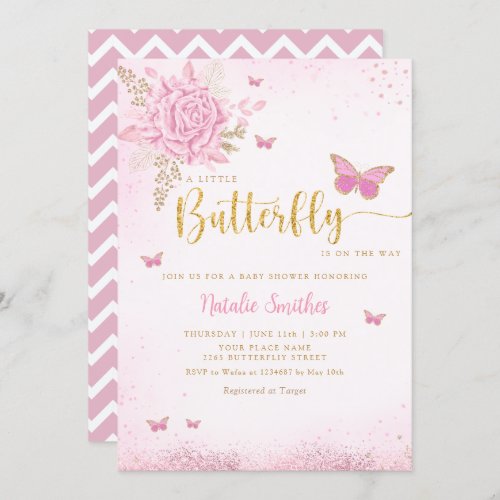 Boho Blush Pink Floral Butterfly Girl Baby Shower Invitation