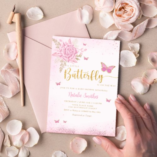 Boho Blush Pink Floral Butterfly Girl Baby Shower  Invitation