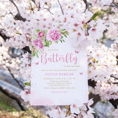 Boho Blush Pink Floral Butterfly Girl Baby Shower Invitation