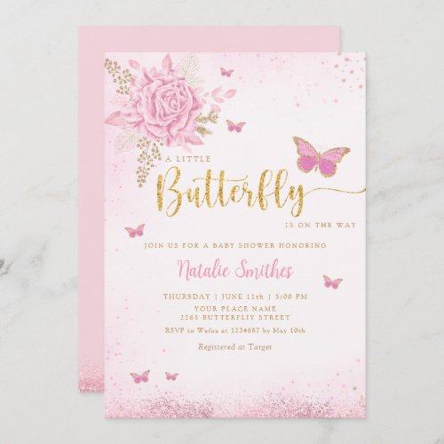 Boho Blush Pink Floral Butterfly Girl Baby Shower Invitation