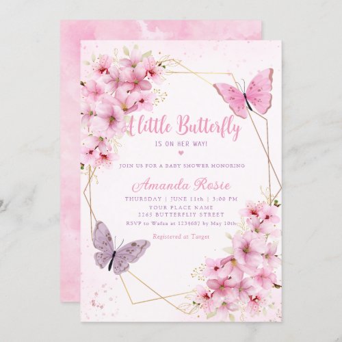 Boho Blush Pink Floral Butterfly Girl Baby Shower Invitation