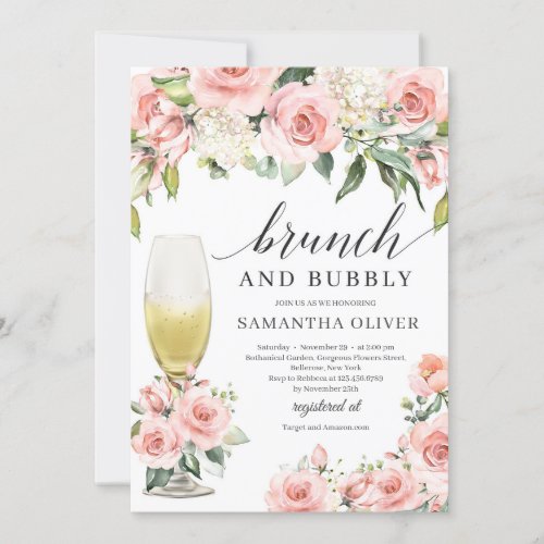 Boho blush pink floral champagne brunch and bubbly invitation