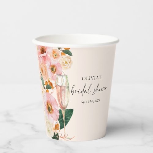 Boho Blush Pink Floral Champagne Paper Cups