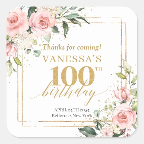 Boho Blush pink floral eucalyptus 100th birthday Square Sticker