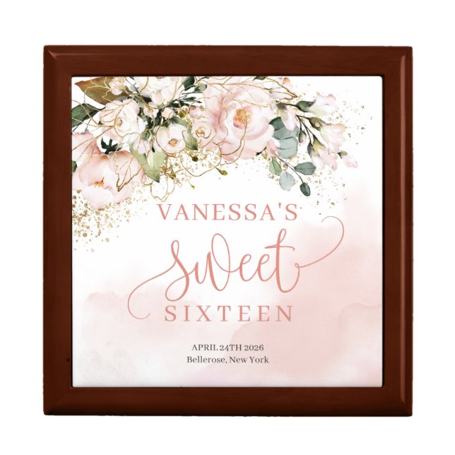 Boho Blush pink floral eucalyptus 16th birthday Gift Box (Front)