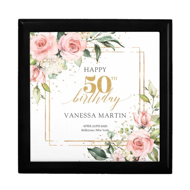 Boho Blush pink floral eucalyptus 50th birthday Gift Box (Front)