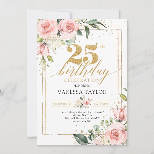 Boho blush pink floral eucalyptus and gold glitter invitation (Front)