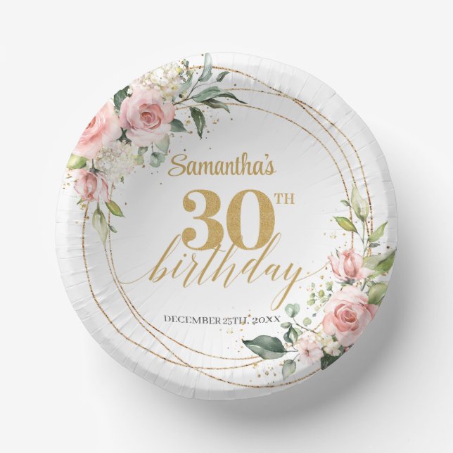 Boho Blush pink floral eucalyptus gold 30 birthday Paper Bowls (Front)