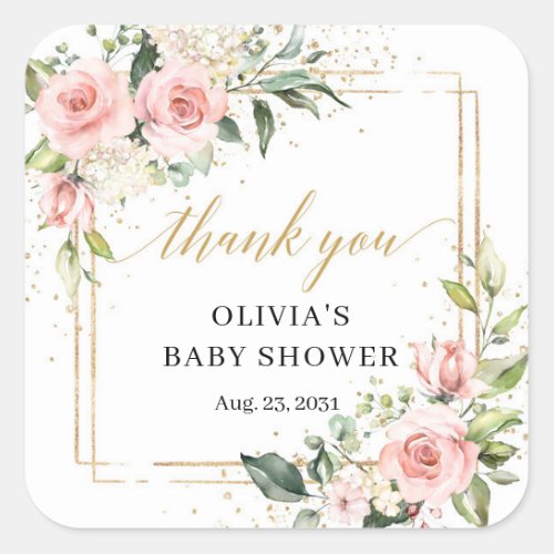 Boho Blush pink floral eucalyptus gold Baby Shower Square Sticker