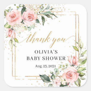 Boho Blush pink floral eucalyptus gold Baby Shower Square Sticker