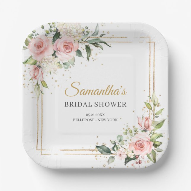 Boho Blush pink floral eucalyptus gold Bridal Paper Plates (Front)