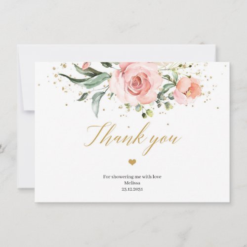 Boho Blush pink floral eucalyptus gold Bridal  Thank You Card