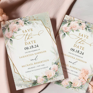 Boho Blush Pink Floral eucalyptus Gold Frame Save The Date