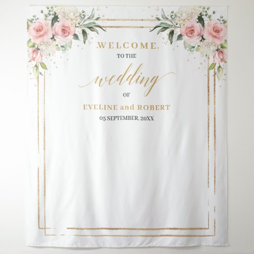 Boho Blush pink floral eucalyptus gold Wedding Tapestry