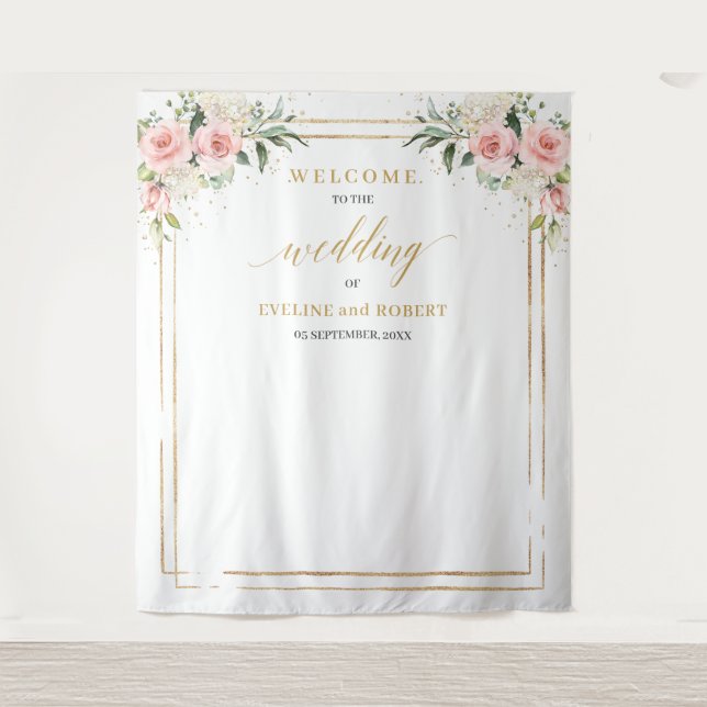 Boho Blush pink floral eucalyptus gold Wedding Tapestry (Front)