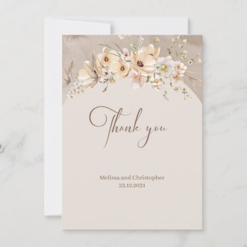 Boho Blush pink floral eucalyptus gold Wedding Thank You Card
