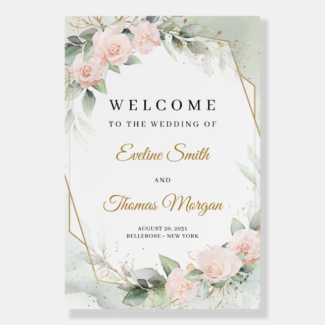 Boho blush pink floral eucalyptus wedding welcome foam board (Front)