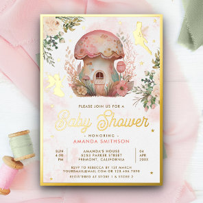 Boho Blush Pink Floral Fairy Baby Shower Gold Foil Invitation