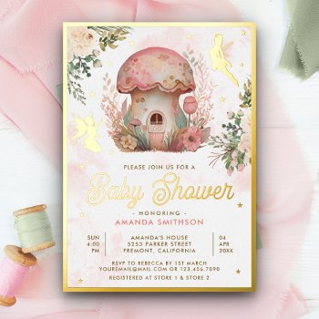 Boho Blush Pink Floral Fairy Baby Shower Gold Foil Invitation by ShabzDesigns at Zazzle