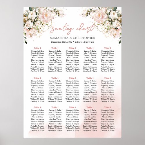 Boho blush pink floral gold 15 tables seating poster
