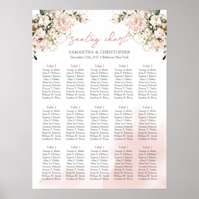 Boho blush pink floral gold 15 tables seating poster (Front)