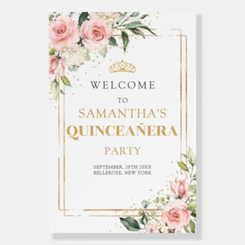 Boho Blush pink floral gold 15th Birthday Welcome Foam Board